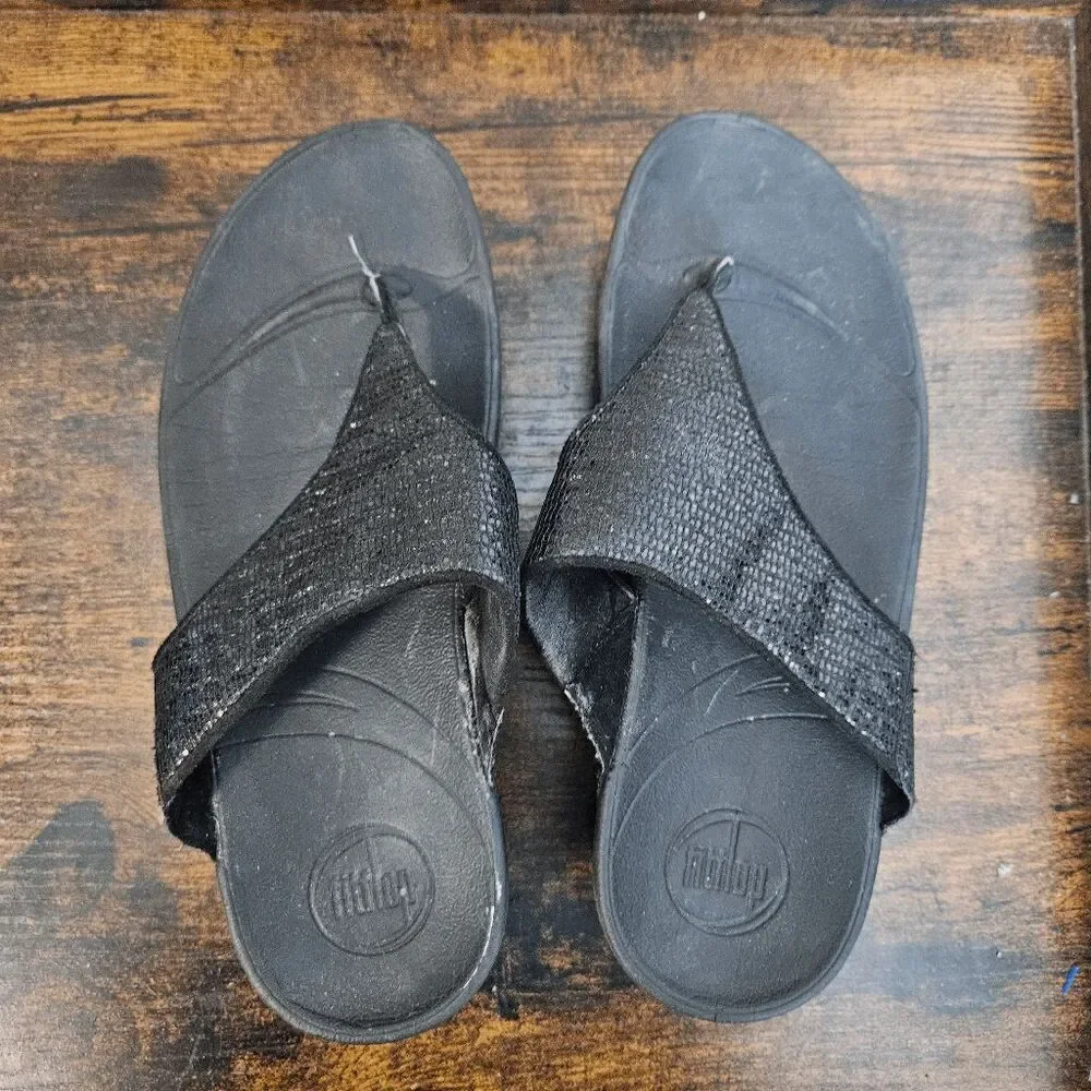 FitFlop Sequin Thong Flip Flop Sandals Astrid 294-001 Women's Black Size 6
